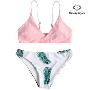 Zaful Leaf Print Adjustable Strap Bikini Size S